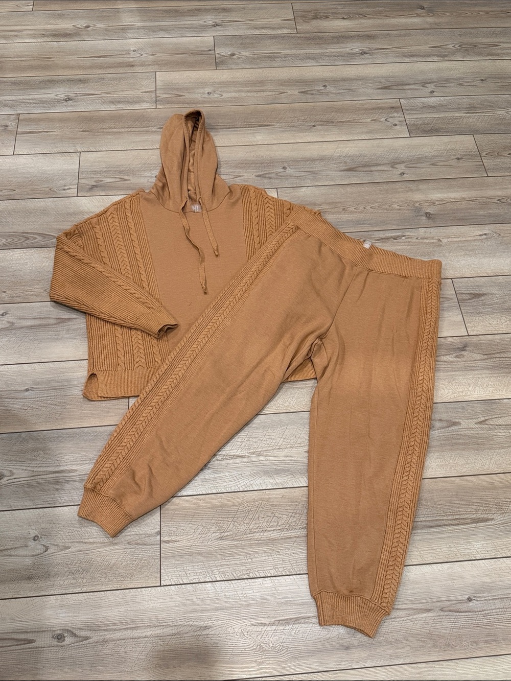 Loft Lou and Grey Cozy Cable-Knit Hoodie & Jogger Set - Camel